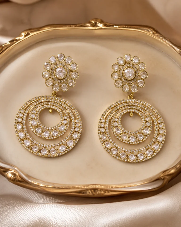 Pearl White Circular Chandbali Statement Earrings(E-3) - Image 3